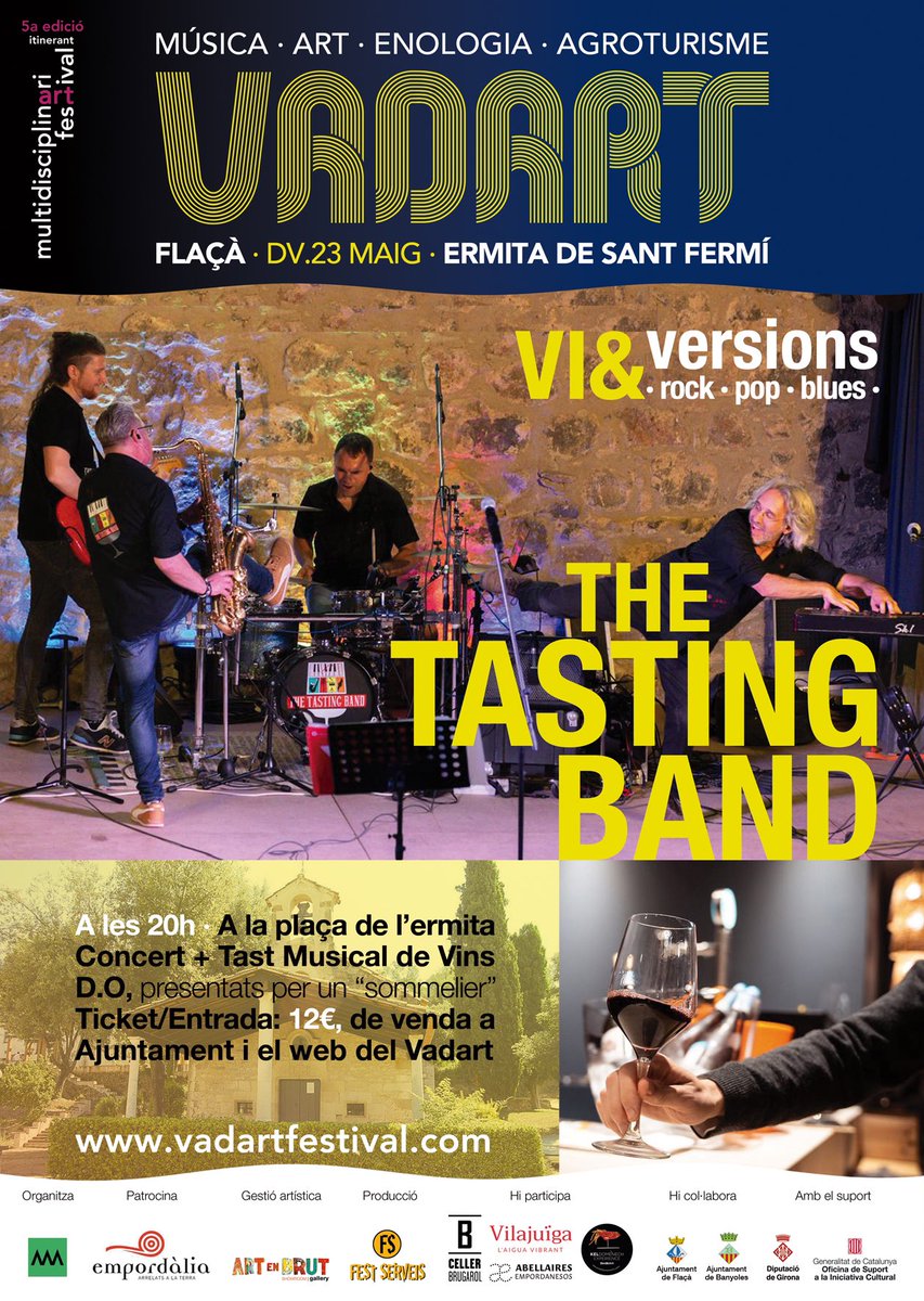 crisdefortunypa's tweet photo. TAST DE VINS MUSICAL •| FLAÇÀ•| Divendres 23, amb The tasting Band .
Organitza #FestivalVadart amb el suport de l’@AjuntamentFlaca . Entrades a l’ajuntament o anticipada al web:
https://t.co/oNuSnMXIuh #tastdevins https://t.co/jZjcQvsRat