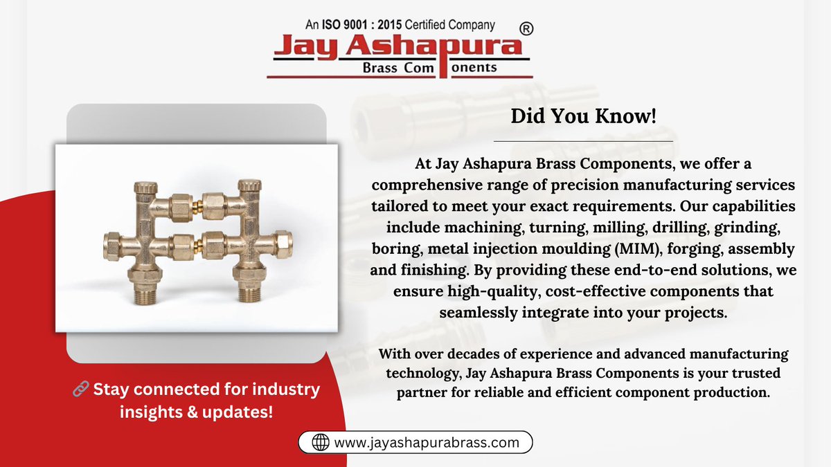 JAPMPL_Global's tweet photo. At Jay Ashapura Brass Components, we provide end-to-end solutions with machining, turning, milling, drilling, grinding, boring, MIM, forging, assembly &amp; finishing — delivering precision, quality and reliability for all your component needs. #Manufacturing #PrecisionEngineering https://t.co/V0jIn8mBHG