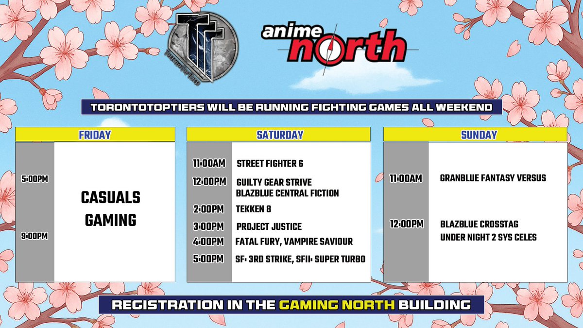 TorontoTopTiers will be running Anime North 2025 fighting game tournaments Saturday and Sunday.

Systems will be PS5. We will not be providing controllers/sticks or brooks.

There is a rental section in the gaming north section if needed. 

Sign up during the event.
See you guys!