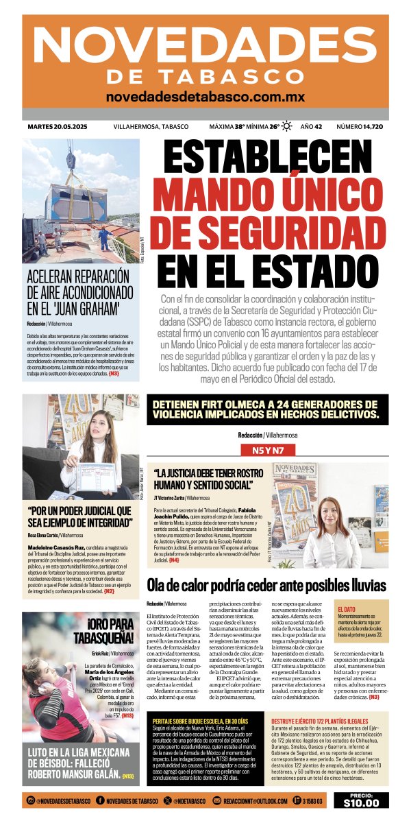 ndetabasco's tweet photo. Les compartimos la #PortadaNT de hoy…📰 

-Establecen Mando Único de seguridad 🚨 
-#EspecialNT Grave amenaza para abejas 🐝 
-#ClaseNT ¡Fiestón! 🎉 https://t.co/Me9oxgWjTd