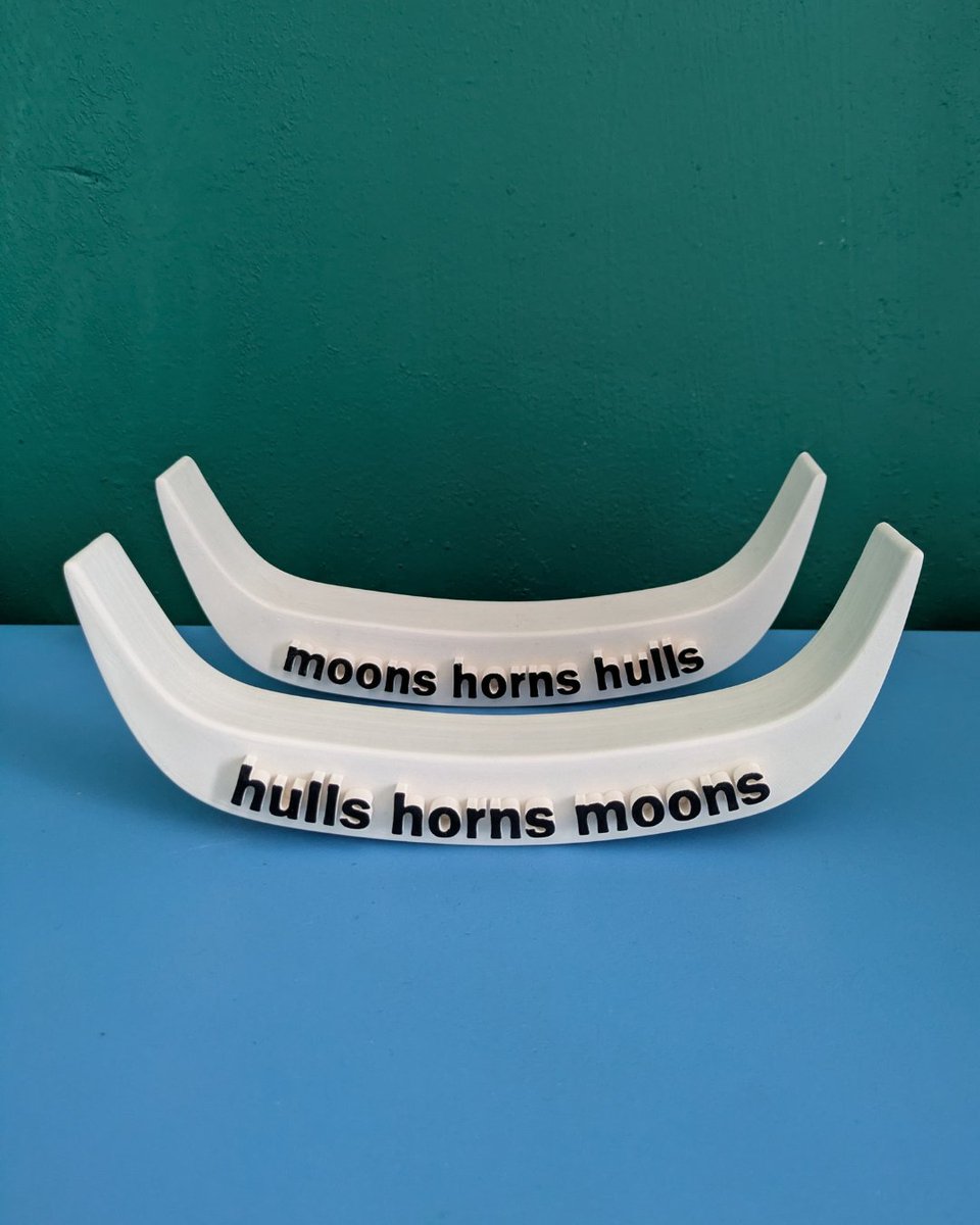 Gregchthomas's tweet image. There’s a new Oo poem-object in the world.

*parenthesis poem (moons horns hulls)* is a duo of Jesmonite poem-objects cast from 3D-printed originals, with detail in black acrylic paint pen. Posted in black presentation box. Its sold out but I thought folks might like to see it.