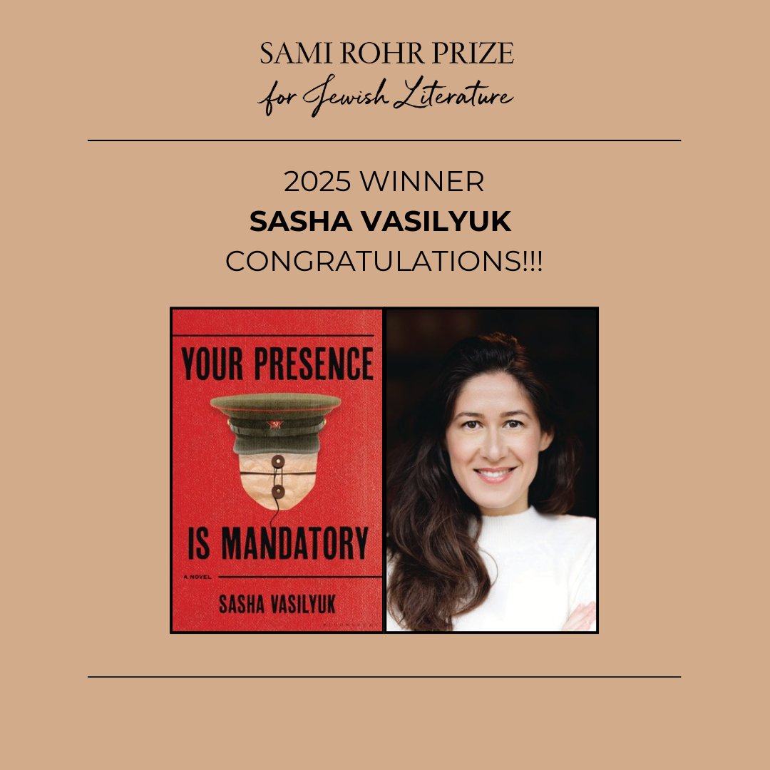 SamiRohrPrize's tweet photo. 🎉 Congratulations to @SashaVasilyuk, winner of the 2025 Sami Rohr Prize for Jewish Literature! 🏆
We also celebrate this year’s outstanding finalists — @TobyLloyd19, Benjamin Resnick, and @jswtalk — for their bold &amp; resonant contributions to Jewish literature.
#SamiRohrPrize https://t.co/F6QhofV8G9