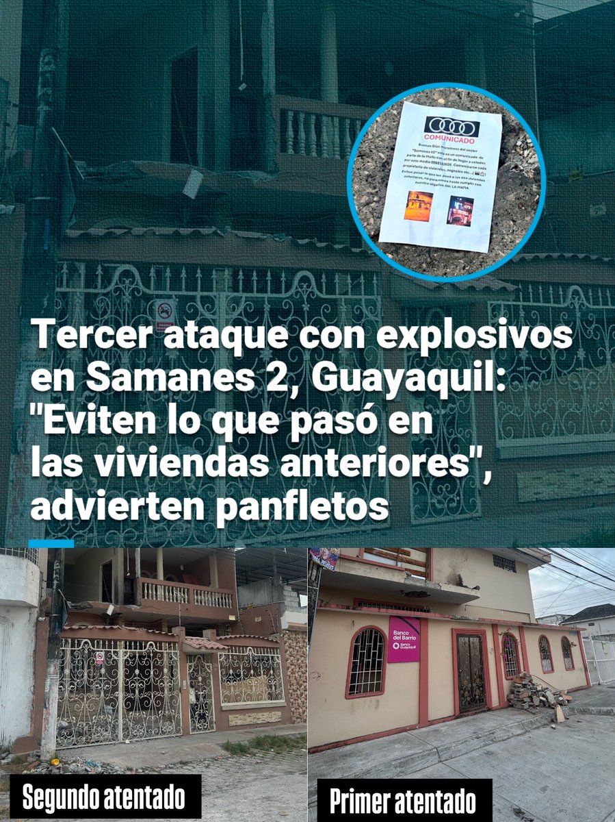 DanielGranjaEc's tweet photo. ‼️Hace ocho meses, los moradores de Samanes 2 denuncian extorsiones sin obtener una respuesta del régimen de Daniel Noboa‼️

Hoy, 20 de mayo, en horas de la madrugada, se registró un nuevo acto delictivo contra los habitantes de Samanes 2, en Guayaquil, mediante la detonación de panfletos por parte de la mafia en los que advierte sobre extorsiones en la zona.

A este incidente se suman dos ataques más que afectaron a otras viviendas del barrio. Según @EcuavisaInforma, las amenazas comenzaron hace aproximadamente ocho meses y alertan que las autoridades policiales aún no han solicitado las grabaciones de las cámaras para lograr la identificación de los responsables.

¡Plan Fénix en cenizas como el Ecuador!