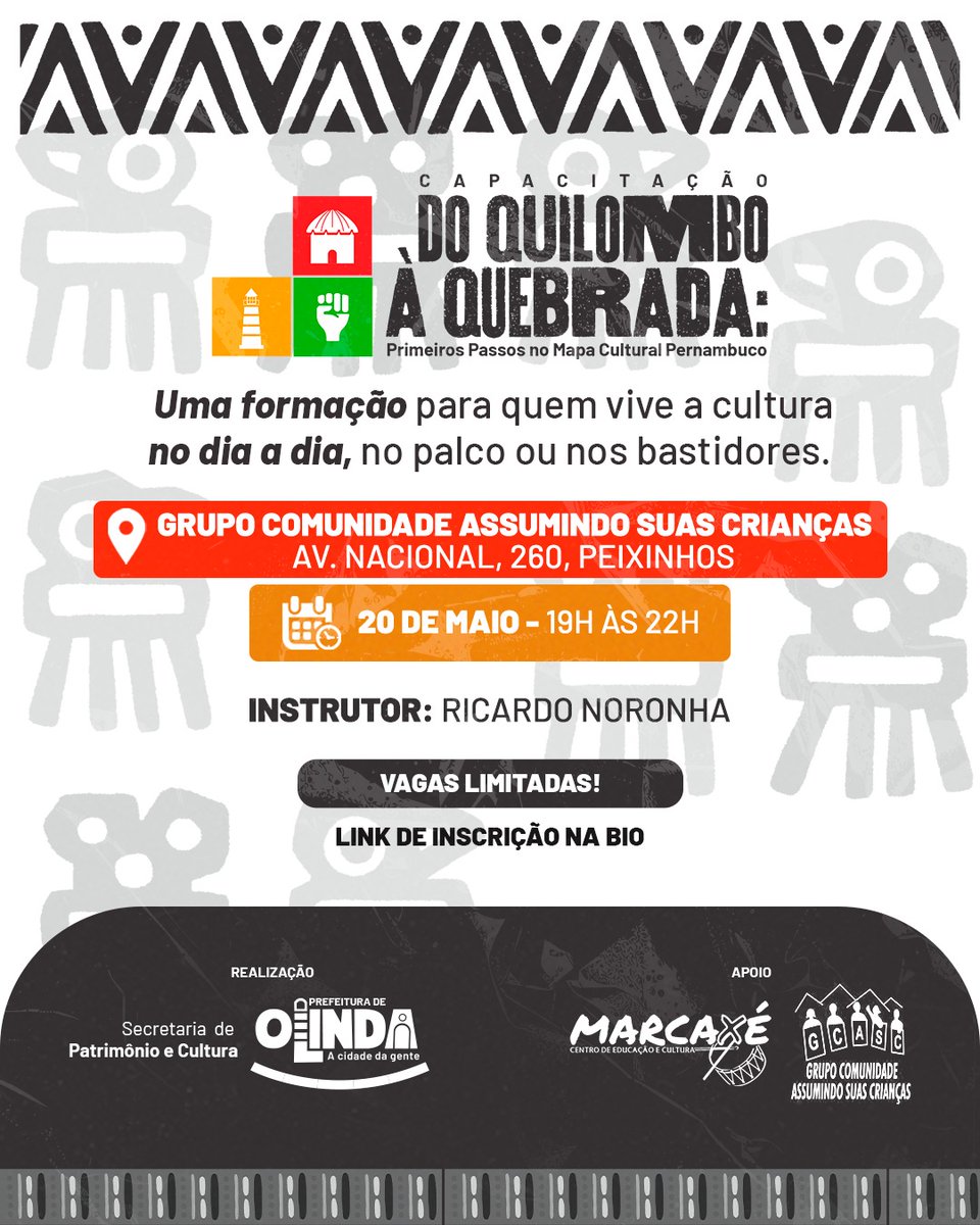 🎭 Atenção, artistas e fazedores de cultura de Olinda!

Novas vagas abertas para a capacitação “Do Quilombo à Quebrada”.  Um encontro pra quem quer dar os primeiros passos na criação do seu portfólio cultural e se inserir no Mapa Cultural de Pernambuco.

📅 Quando? Terça-feira