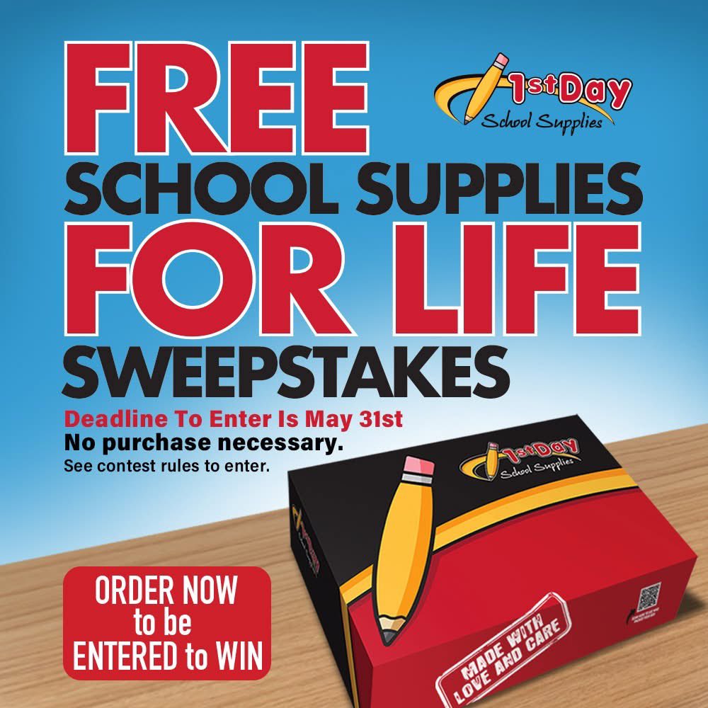 Enter the Free School Supplies for Life Sweepstakes! 

All you have to do is order by May 31st and you'll be automatically entered to win! 

$5 of each kit ordered is donated back to YOUR PTO!

Hurry, you don't want to miss out on this! 👉 Order here: 1stdayschoolsupplies.com/select-school?…