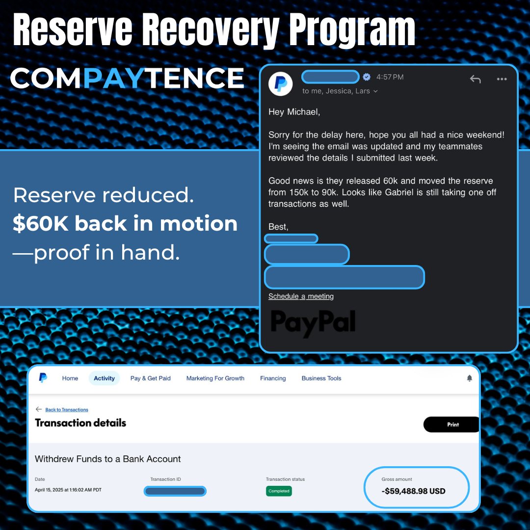 Compaytence's tweet image. $60K PayPal Reserve Released ✅

We just helped one of our clients secure a $60,000 reserve reduction from PayPal. The project is still in motion, but this early result speaks for itself.

#MerchantAdvocacy #EcommerceFinance #B2BPayments #PaymentSolutions