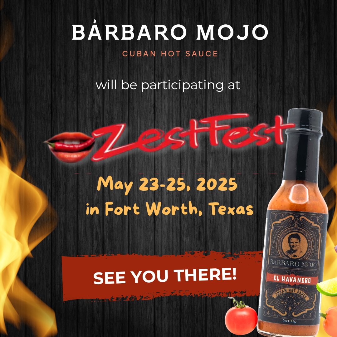 We’re heading back to Fort Worth! 🔥  
Catch Bárbaro Mojo at ZestFest 2025 — happening May 23–25 at the Will Rogers Memorial Center!  
Come find us, sample all your favorite sauces, and discover some new surprises we’ve been cooking up. 🌶️👀