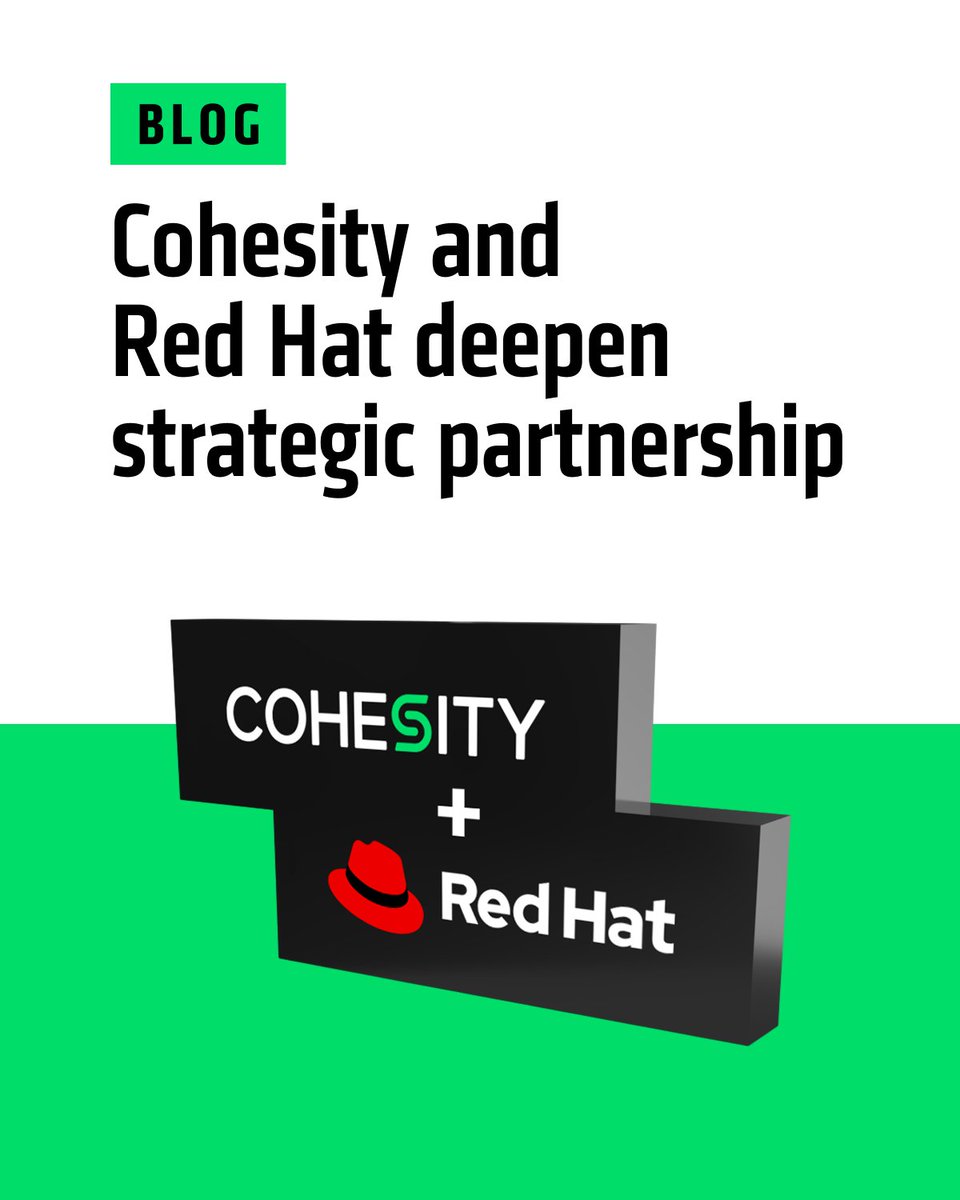 Cohesity's tweet photo. What happens when two enterprise powerhouses align? Unmatched #CyberResilience at scale. That’s the story behind our partnership with @RedHat, and it’s just getting started.
Don’t miss what’s coming next. https://t.co/eMe502pJ9d
#HybridCloud #RedHatOpenShift https://t.co/eFPWnOHzEy