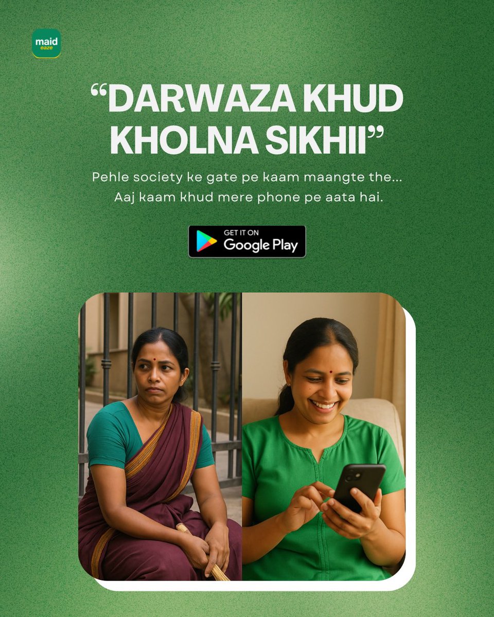 maideaze's tweet image. Earlier, she waited outside gates asking for work.
Now? Jobs knock on her phone screen. 📲
✨ Join Maideaze and open doors to a new future.

#DarwazaKhulaHai #MaideazeIndia #DigitalHelper #KamaiKaApp #VerifiedHelpers #KannadaSupport #ApniTermsPeKaam #GharKiLady #NotJustAMaid