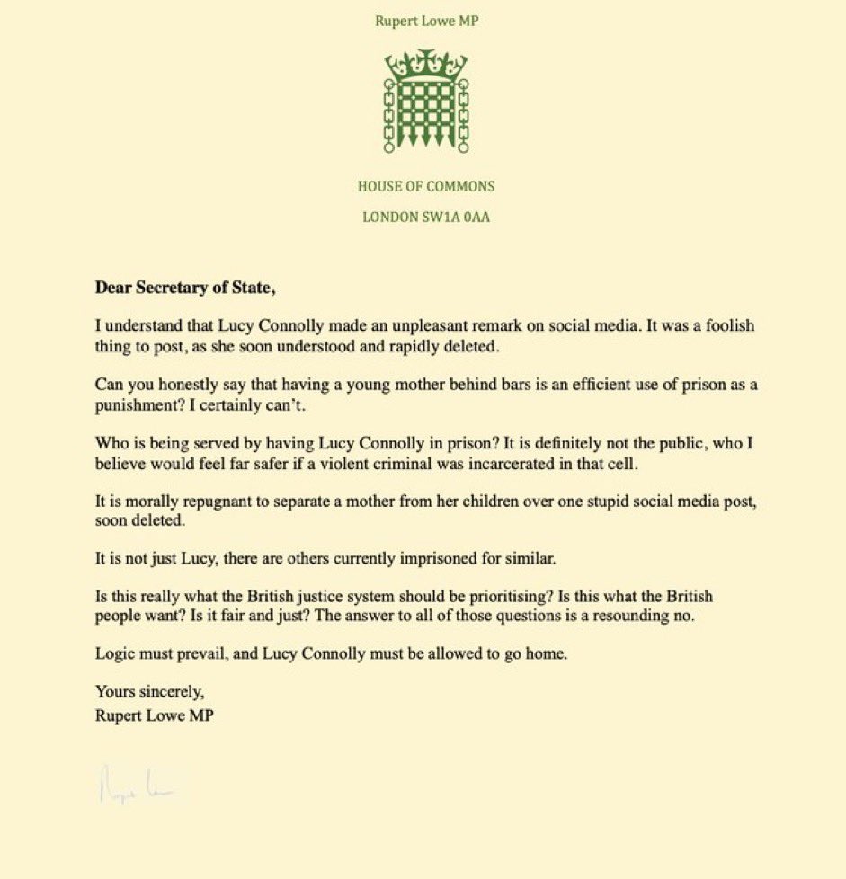 GBPolitcs's tweet photo. 🚨NEW: Rupert Lowe writes to Secretary of State regarding Lucy Connolly: https://t.co/wa5v62Rf9S