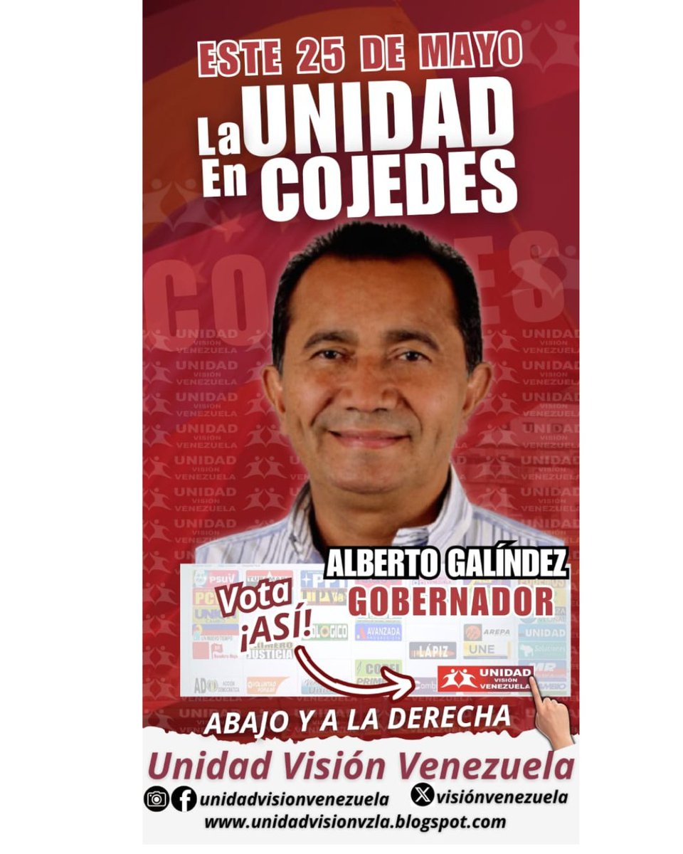 visionvenezuela's tweet photo. En Unidad Visión Venezuela, el próximo #25M en #Cojedes vamos con @albertogalindezoficial para que sea reelecto, y así preservar este importante espacio de la Alternativa Democrática, para que continúe trabajando por el bienestar y el progreso de todos los cojedeños.

#VamosVamosCojedes
#YoSiVoto
#SomosMayoria
