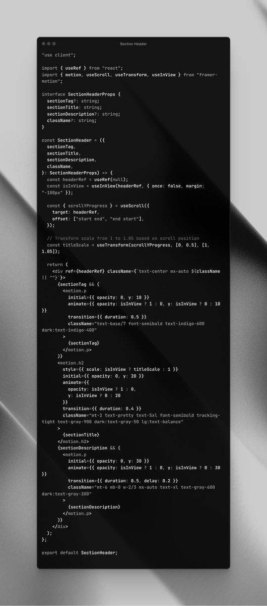 rjv_im's tweet photo. Section Header component with framer animations which work with scroll of the page. Section header has title, description, tag.

- While scrolling down, size of title increases
- While scrolling up, size of title decreases https://t.co/b17RHma1sz