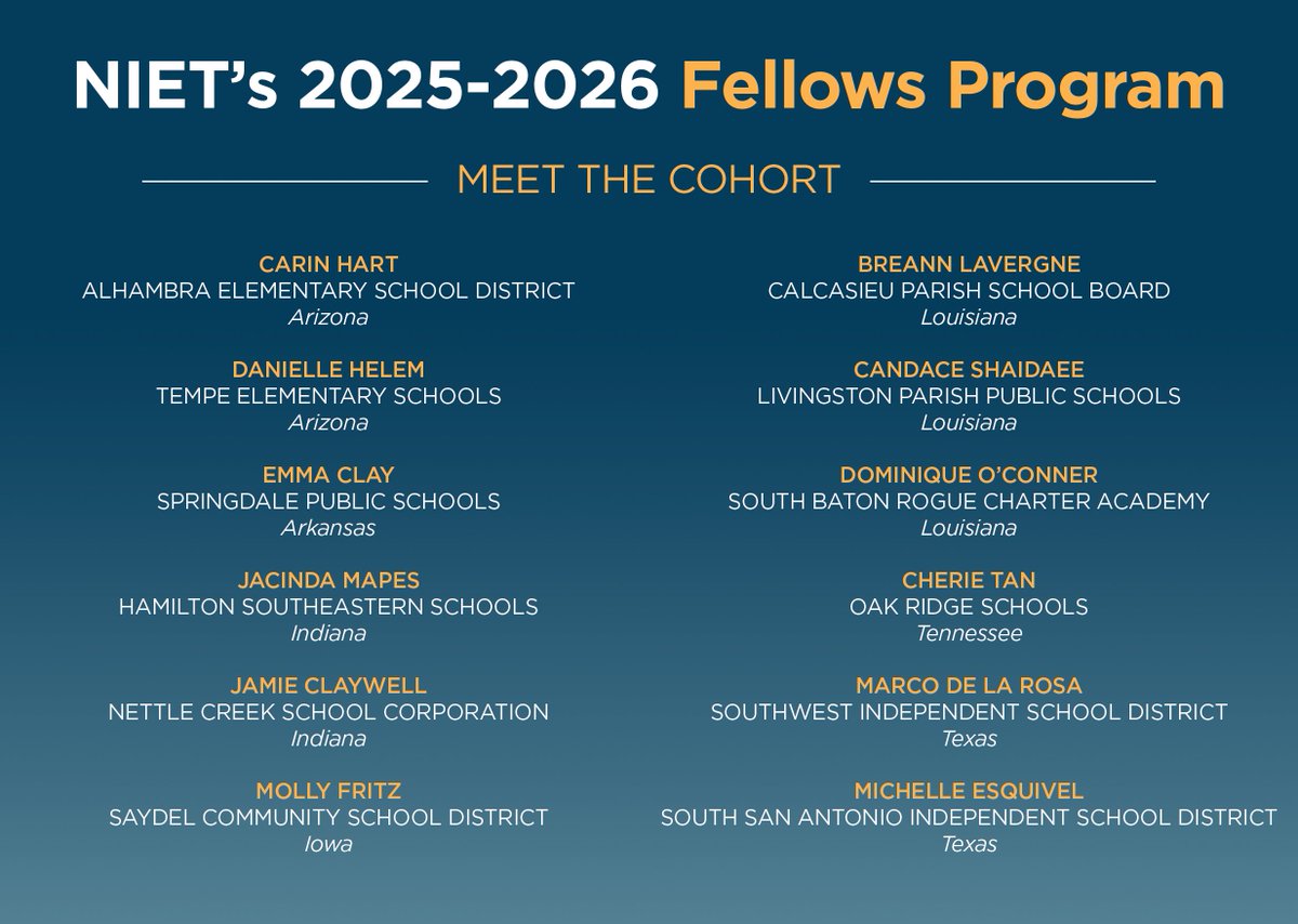 Congratulations to the 12 educators selected for the 2025-2026 NIET Fellows cohort! 🎉 This summer, they’ll kick off the program to build skills in advancing educator effectiveness. Stay tuned to follow their journey! #NIET2025 #NIETFellows