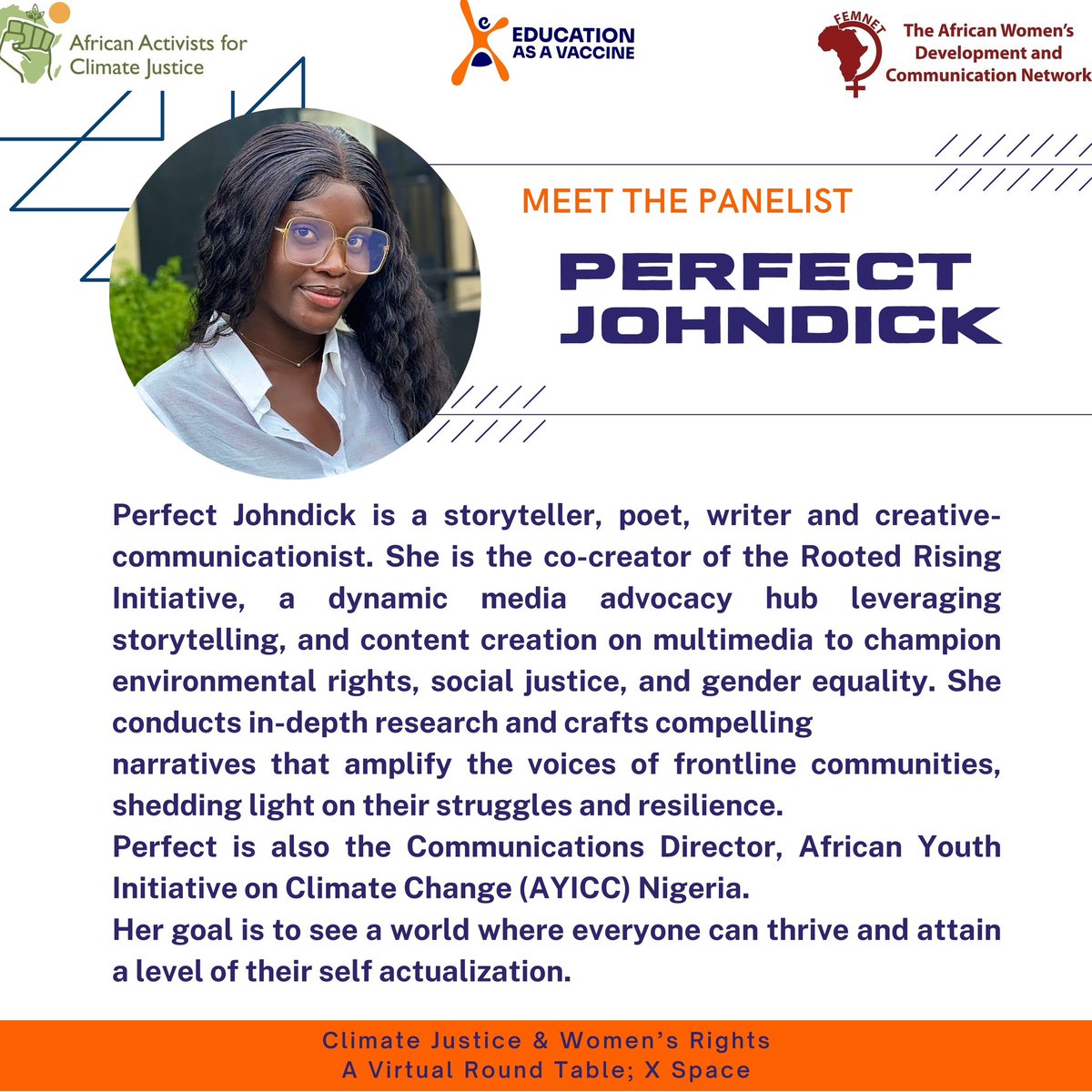 Join us @eva_nigeria Twitter space at 7pm WAT on Friday 23rd May, as we discuss the dynamics of women's rights in the face of a changing climate.

#AACJFSMA #gender #climatejustice #genderjustice #aacj #womensrightsarehumanrights