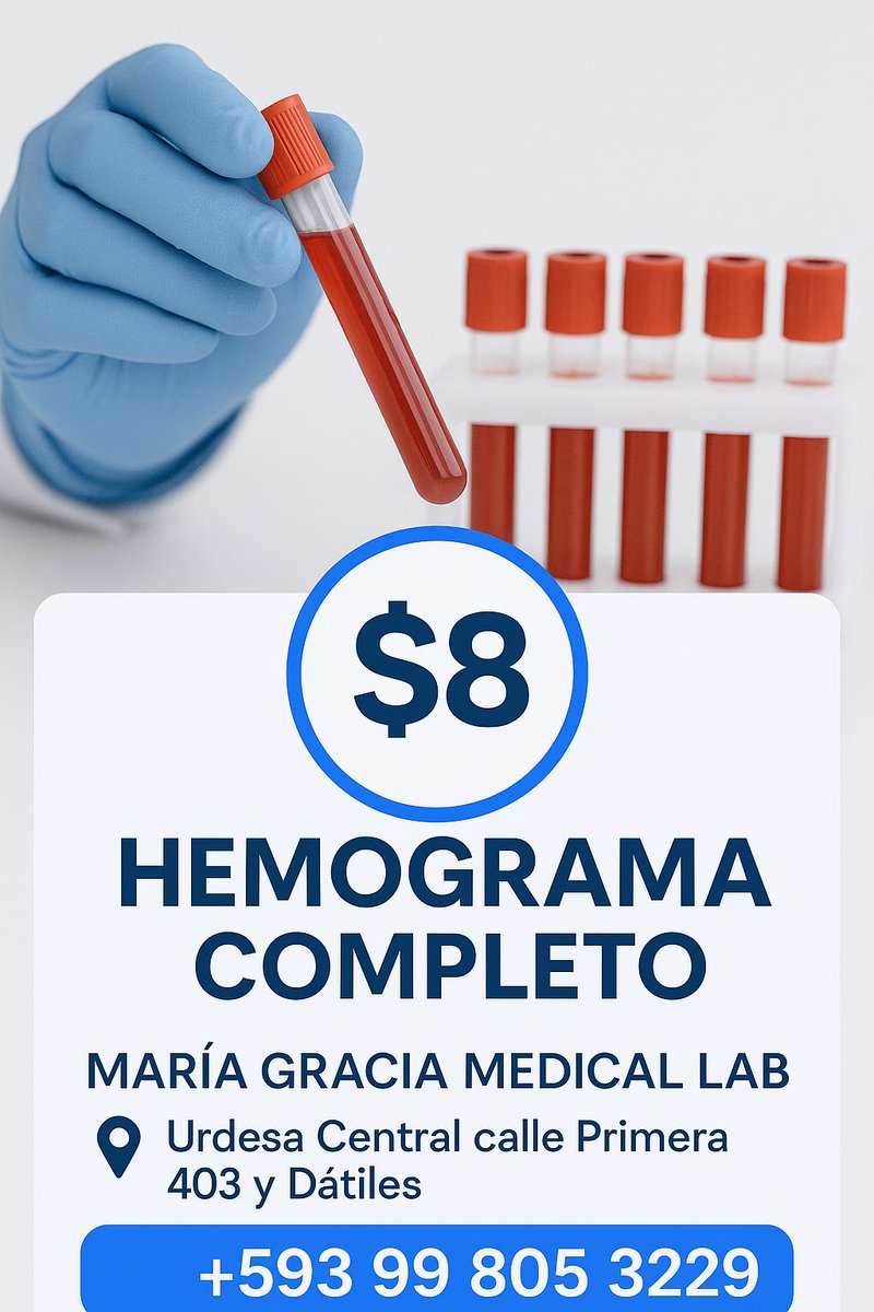 *¡Cuida tu salud!*

¿Sabías que un hemograma puede detectar problemas de salud antes de que se conviertan en algo grave?

*¡Ahora es más accesible que nunca!*

En nuestro laboratorio clinico, ofrecemos un hemograma completo por solo $8 dólares. 
Cuidamos de tu salud 🧪

#RT