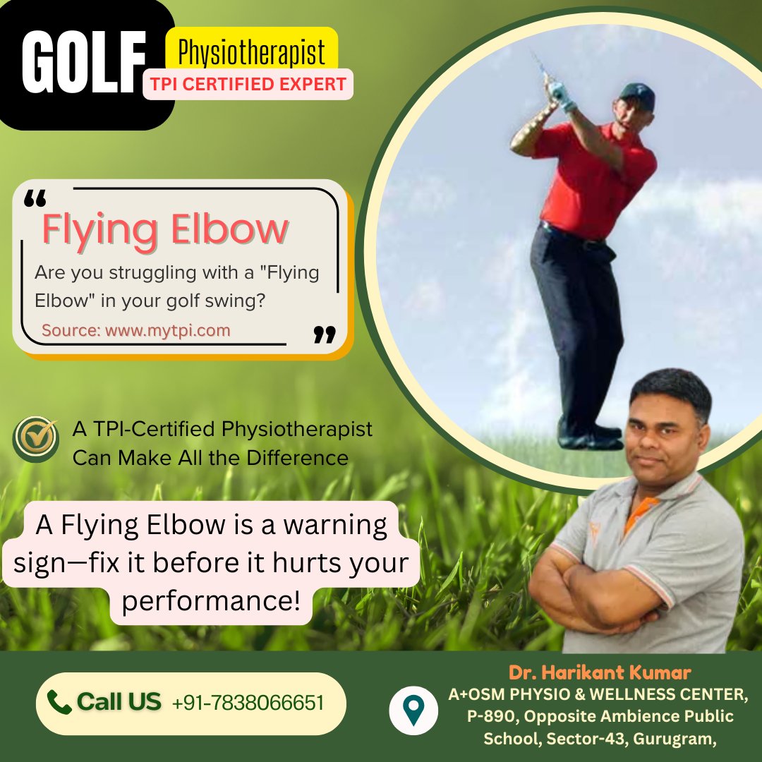 harikumar255's tweet image. Are you struggling with a &quot;#FlyingElbow&quot; in your #golf swing?  🚨Don&apos;t let Flying Elbow clip your power! 🏌‍♂⛳ Fix mobility, unlock precision. This common issue can disrupt your swing mechanics and lead to inconsistency. Visit #AOSM  #Gurugram Call: 📲+91-7838066651
