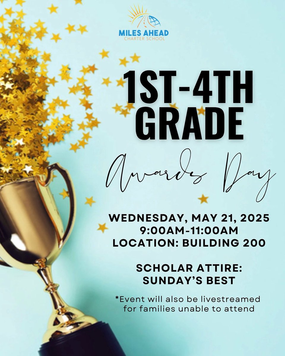 MilesAheadCS's tweet photo. 🏆 Reminder! Calling all 1st-4th grade families and village - tomorrow from 9:00-11:00AM we will hold our Awards Day ceremonies for these specific grades (*exact times for each grade band shared with RSVPd individuals &amp; families). https://t.co/RdoODmGNsh