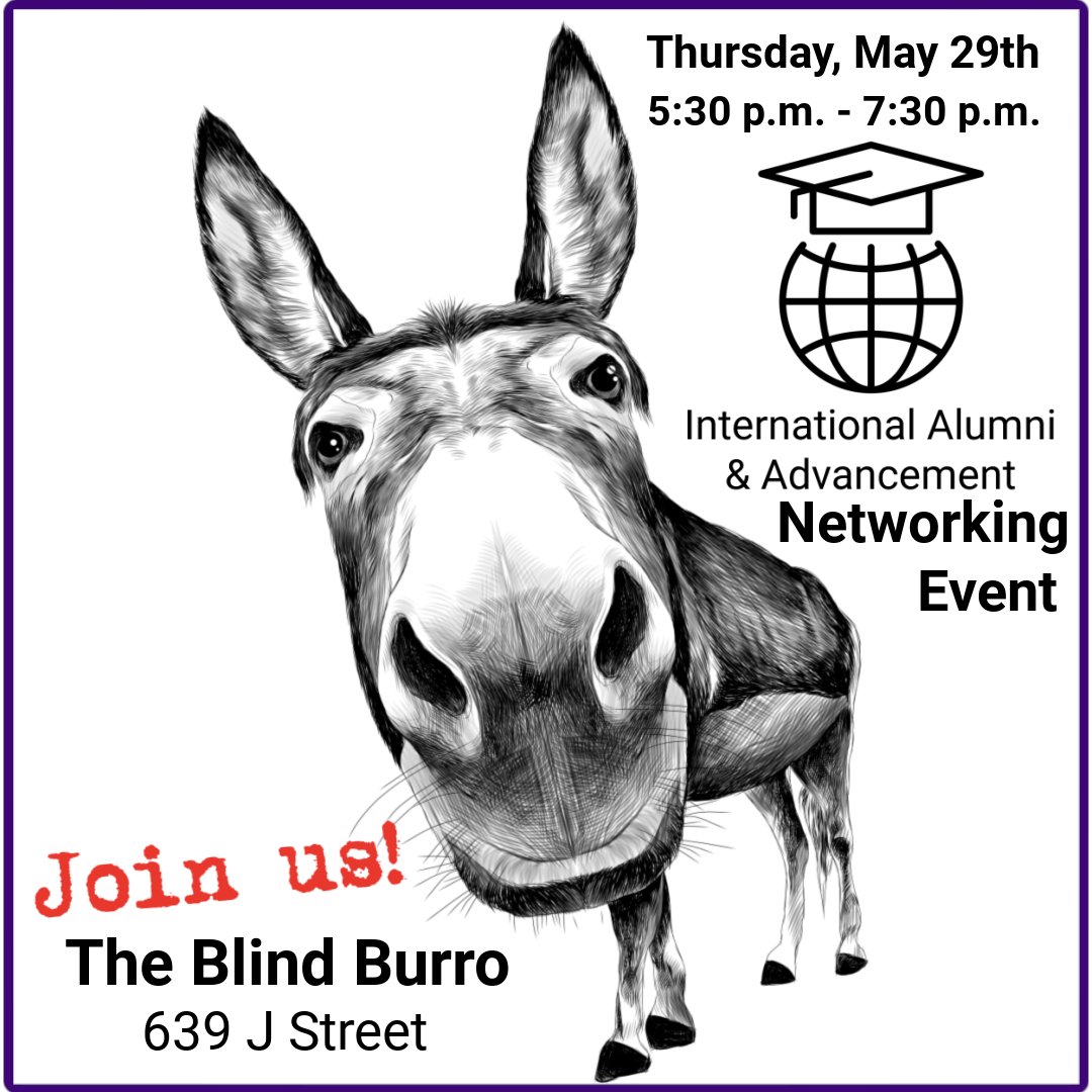jbrosam's tweet photo. @NAFSA  2025 - Join us for an international alumni &amp; advancement group networking event at the Blind Burro on Thursday, May 29th. Come and go from 5:30 – 7:30 p.m. We will be in the outside dining area! Stop by for a chat and to connect!  #NAFSA https://t.co/ELkPi7qiH8