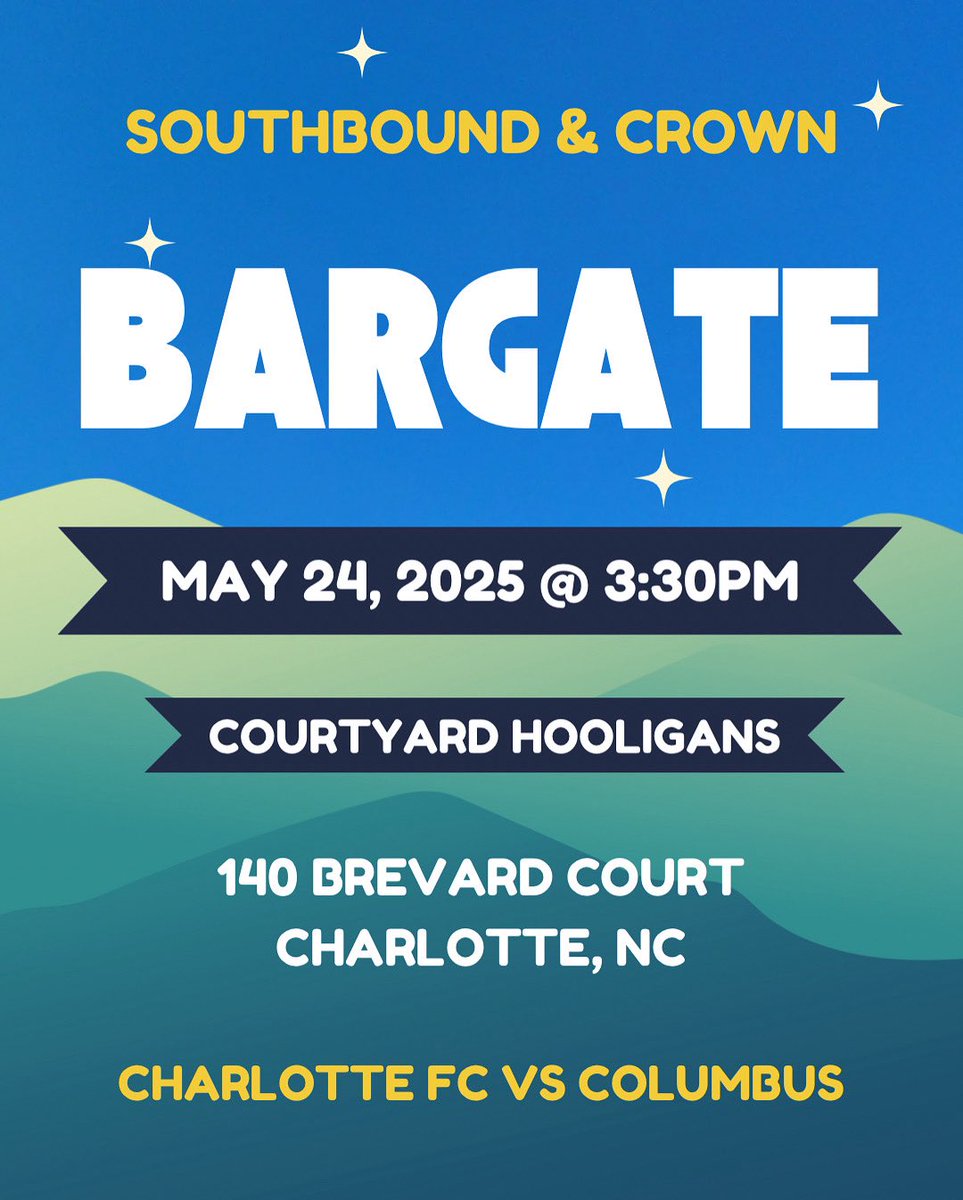Our Bargate is back! ⚽

Join us on Saturday at 3:30pm before Charlotte FC takes on Columbus.

📍 140 Brevard Court, Charlotte, NC

Drinks, friends, and matchday energy. See you there!

#CharlotteFC #Bargate #SouthboundAndCrown #CLTFC