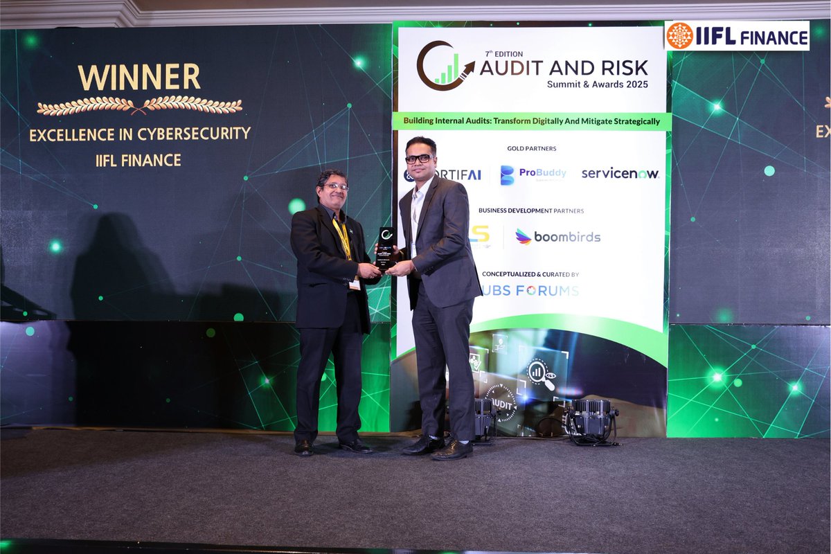 🏆 Celebrating Excellence in Audit, Risk &amp; Compliance! 🏆

IIFL Finance wins 4 major awards at the Audit and Risk Summit: 🥇 Chief Audit Executive of the Year – Mayank Sharma 🏆 Excellence in Corporate Governance 🔐 Excellence in Cybersecurity 🚀 Digital Audit Trailblazer Award