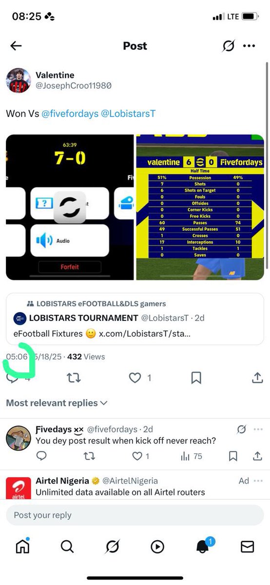 lordtissue4's tweet photo. This was the first evidence that @JosephCroo11980 indeed cheated by letting someone else play a match for him.
The person who played posted the result in my group even before he himself posted the result on twitter https://t.co/D1jeTW3LiW
