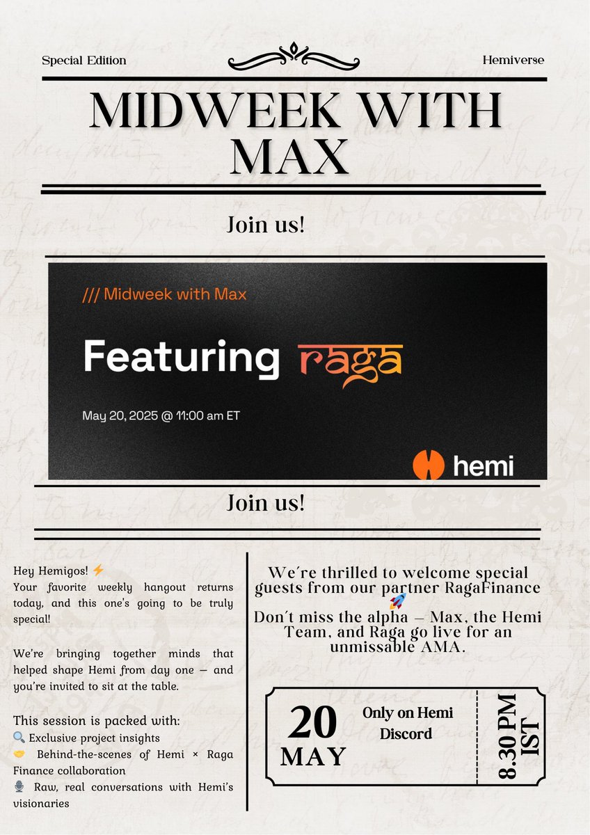 0xfoxstar's tweet photo. 🎙️ Midweek with Max is back— and you won’t want to miss this one!
Hemi co-founder Max teams up with the crew and special guests from our partner @ragafinance for a 🔥 AMA.
Bring your questions, bring your curiosity. Alpha’s waiting. #Hemi #Heminetwork #Midweekwithmax https://t.co/aXQpQyNsQi