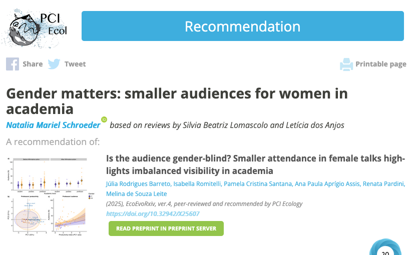 melina_sleite's tweet photo. Our paper was nicely recommended in @PCI_Ecology!🎉
"Is the audience gender-blind? Smaller attendance in female talks highlights imbalanced visibility in academia"
https://t.co/BtbisHsqdL
@junglejuba parabéns pra nós!! 🙌🙌 https://t.co/fXs9set4q2