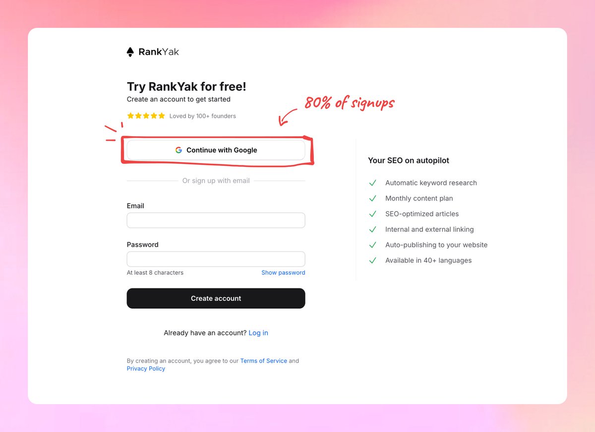 dewitallan's tweet photo. Quick tip: add an option to sign up with Google, it removes a huge amount of friction

More than 80% of all our signups are with a Google account https://t.co/PsuU4J99gj
