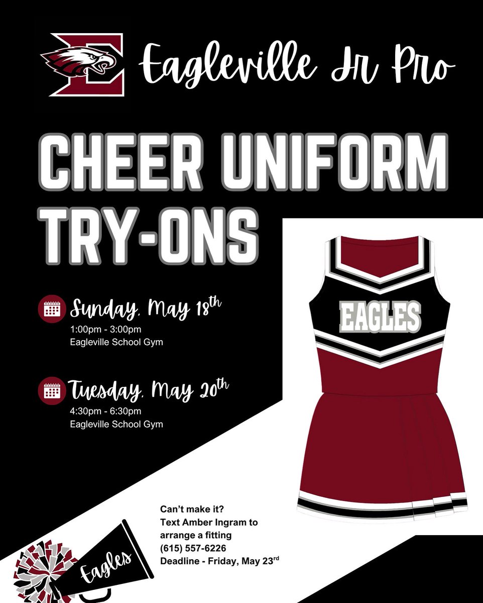EaglevilleJr's tweet image. : Reminder that today is the LAST day to try on cheerleading uniforms. This is mandatory if your child is registered to cheer for the fall ‘25 season.