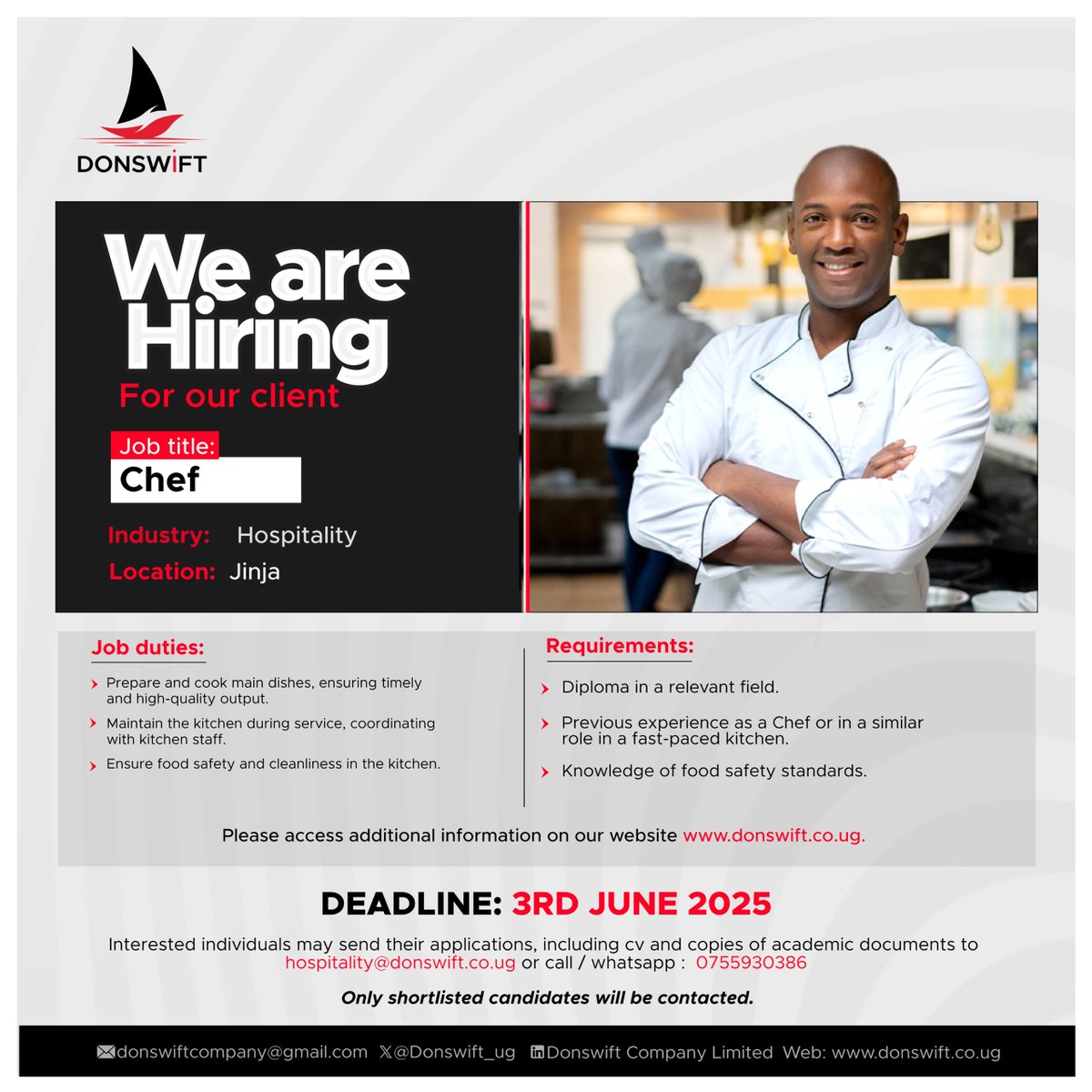 Donswift Company Ltd (@donswift_ug) on Twitter photo Hiring!
If you’ve got culinary skills and experience in a fast-paced kitchen, we want to hear from you!
Apply Now: hospitality@donswift.co.ug
Deadline :3rd June 2025
For more info: donswift.co.ug/jobs/we-are-hi…
#Jobs #HospitalityCareers #ChefJobs #JinjaJobs Hiring!
If you’ve got culinary skills and experience in a fast-paced kitchen, we want to hear from you!
Apply Now: hospitality@donswift.co.ug
Deadline :3rd June 2025
For more info: donswift.co.ug/jobs/we-are-hi…
#Jobs #HospitalityCareers #ChefJobs #JinjaJobs