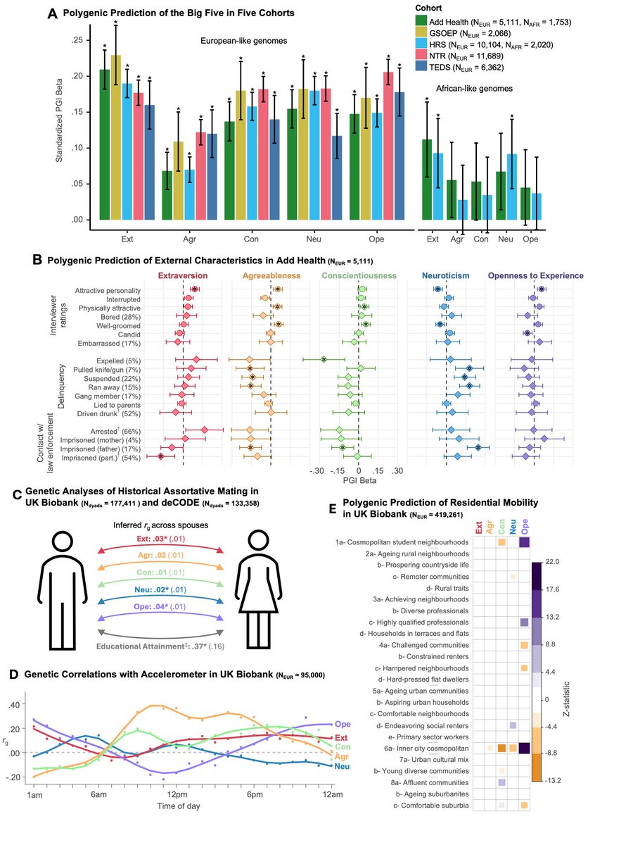 tuckerdrob's tweet photo. The ReGPC presents comprehensive GWAS of the Big Five personality in N=611K-1.14M and within-family GWAS in N=51K. In contrast to many other social/behav traits, pop GWAS of personality almost entirely reflect direct genetic effects. https://t.co/j5Esm4qHPC https://t.co/hBdIkSvAf6