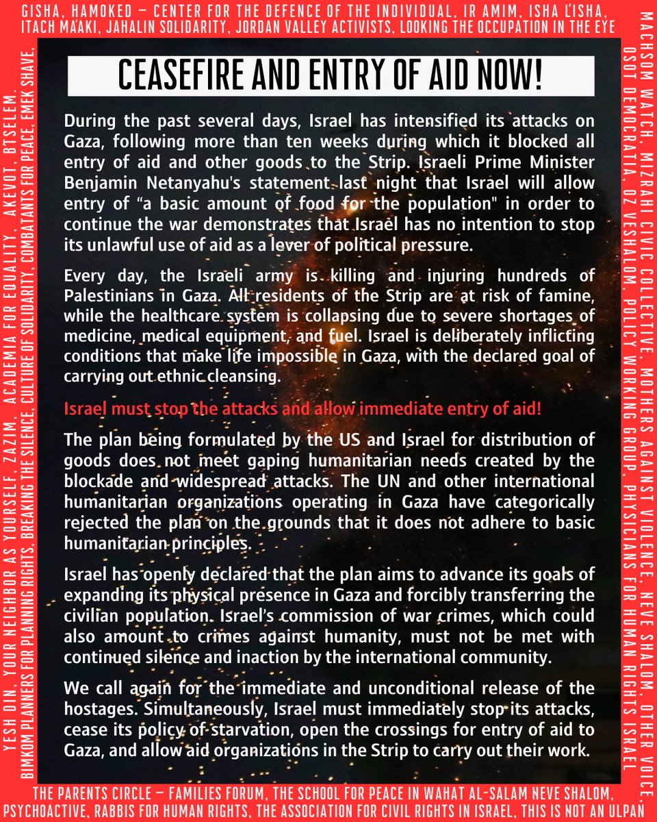 HaMokedRights's tweet image. Joint statement by HaMoked and over 30 other human rights and civil society organizations: Ceasefire and entry of food and humanitarian aid to Gaza now!