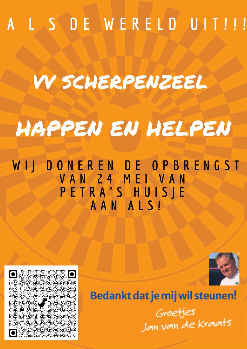 VVScherpenzeel's tweet photo. Kom zaterdag naar Petra's huisje voor een lekker broodje. Wilt u Jan van de Kraats steunen in zijn missie tijdens de Nijmeegse Vierdaagse, scan de QR code of ga naar onderstaande link en doneer. ALS DE WERELD UIT!

https://t.co/cvDYb1nuIE https://t.co/wybJGIxNAF
