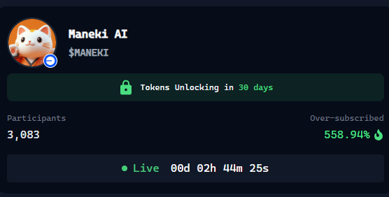 Starduststarway's tweet photo. ๐ฅ Maybe no trench points today, but Maneki is on its way!
The $MANEKI token has surpassed 3,000+ participants, reaching a major milestone!
๐ฅOversubscription stands at 500+%, and tokens unlock in 30 days = Diamonds hand bonusโณ
$virtual
#Crypto #Blockchain #ManekiAI https://t.co/0yML3AMbss