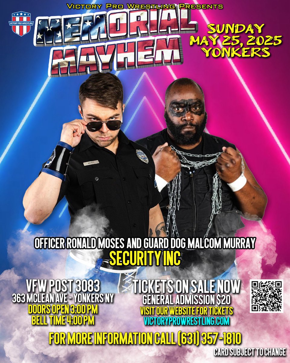SecurityIncPro's tweet photo. Citizens of @VPW_Wrestling 

We will be returning to duty this Sunday to enforce LAW AND ORDER! There is a major injustice we still need to atone for… 

ALL HAIL SECURITY INC. 🚨👑

#MemorialMayhem #KingsOfNewYork #ReportingForDuty #LawAndOrder 

🎟️: https://t.co/niewVqPV8H https://t.co/ZTJ5ifeB4m