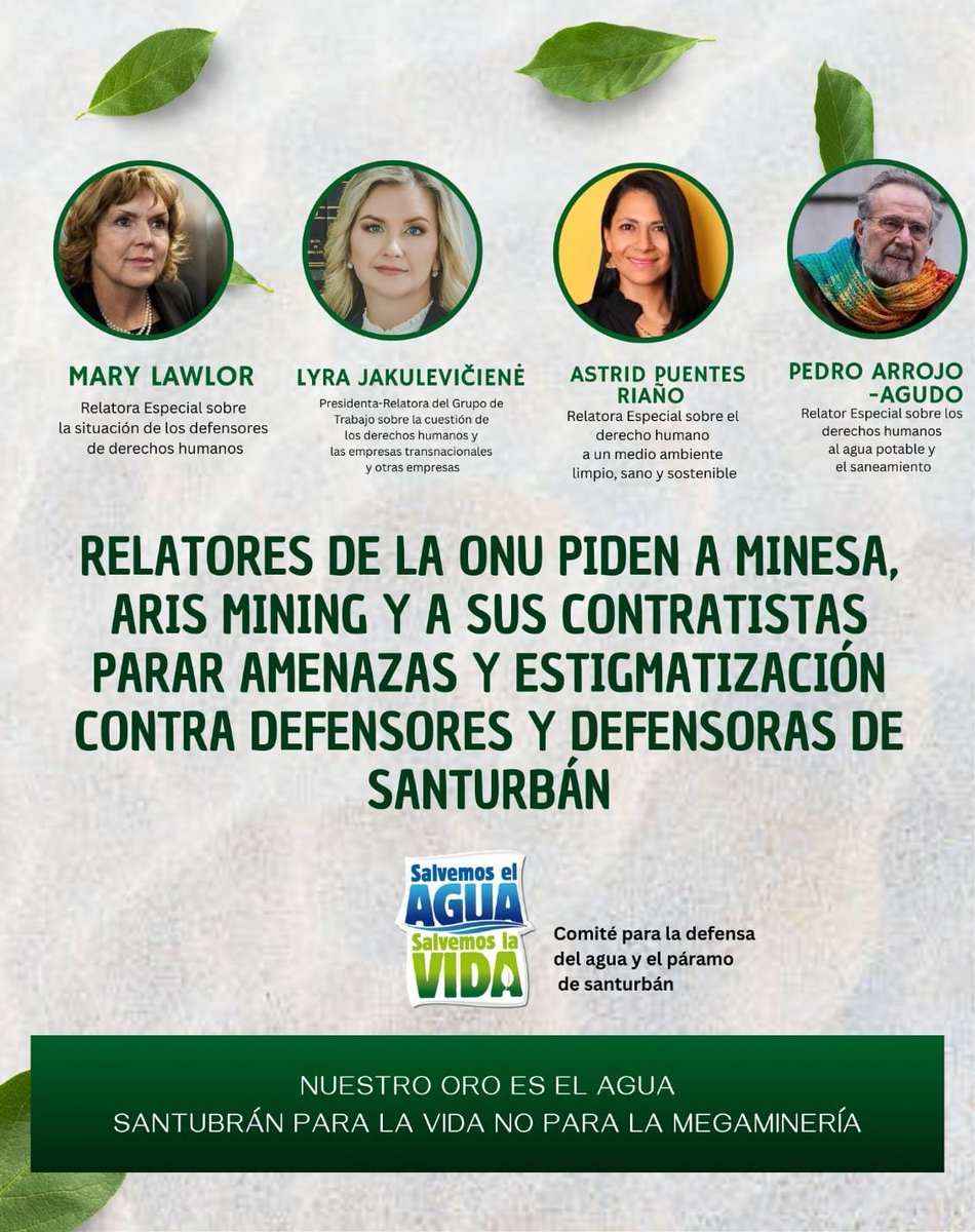Relatores de la <a href="/ONU_es/">Naciones Unidas</a> enviaron comunicación reconociendo la labor de defensa de DDHH del <a href="/ComiteSanturban/">Comité Santurbán</a> y advierten situaciones de amenazas y estigmatización contra sus integrantes.

Leer comunicación aquí 👇srdefenders.org/colombia-actos…