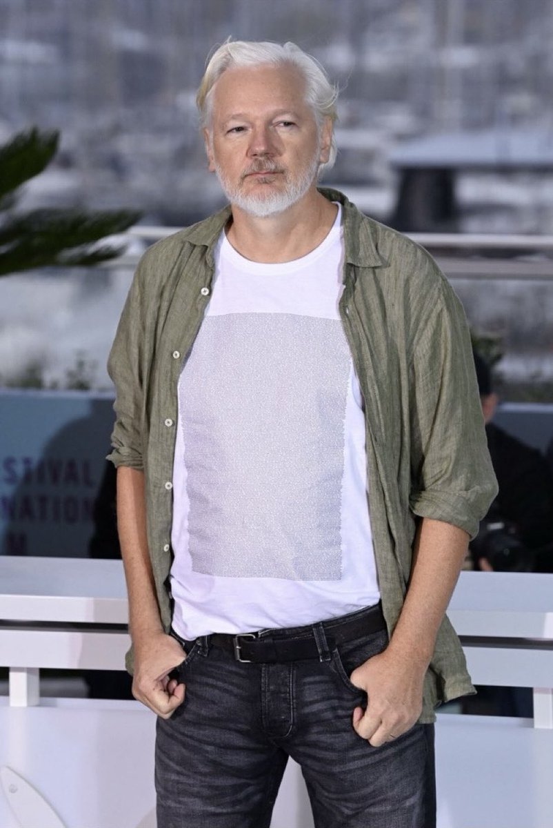 _TereFelipe_'s tweet photo. Julián Assange llevó en el festival de Cannes una camiseta con los nombres de los 5.000 niños menores de 5 años asesinados por Israel desde 2023. https://t.co/KFO5ynDDVJ