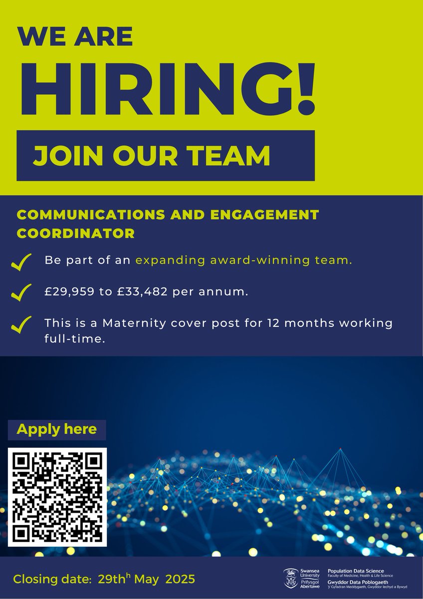 Do you have a passion for making a positive impact on mental health and well-being? 

We have an exciting #JobOpportunity for you!👇

Communications and Engagement Coordinator

⭐️Salary: £29,959 to £33,482 per annum 
⏰Closing: 29th May 

Apply now!🔗swansea.ac.uk/jobs-at-swanse…