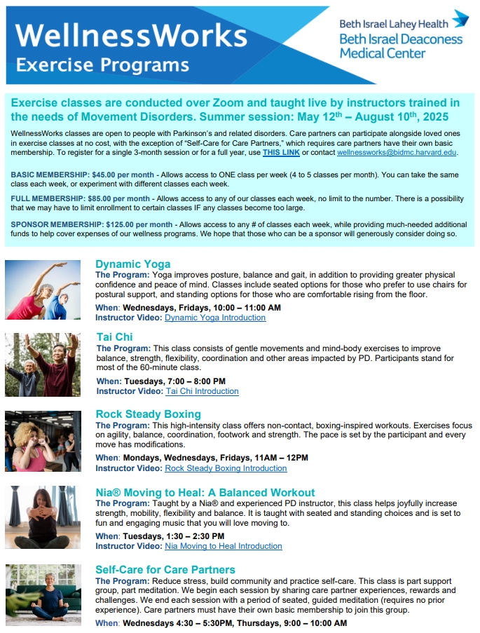 WellnessWorks offers specialized, online #exercise classes for people with #Parkinson's or a related disorder. The summer session is running NOW through August 2025! View the summer flyer below for more information and register online today: forms.office.com/Pages/Response… #PD