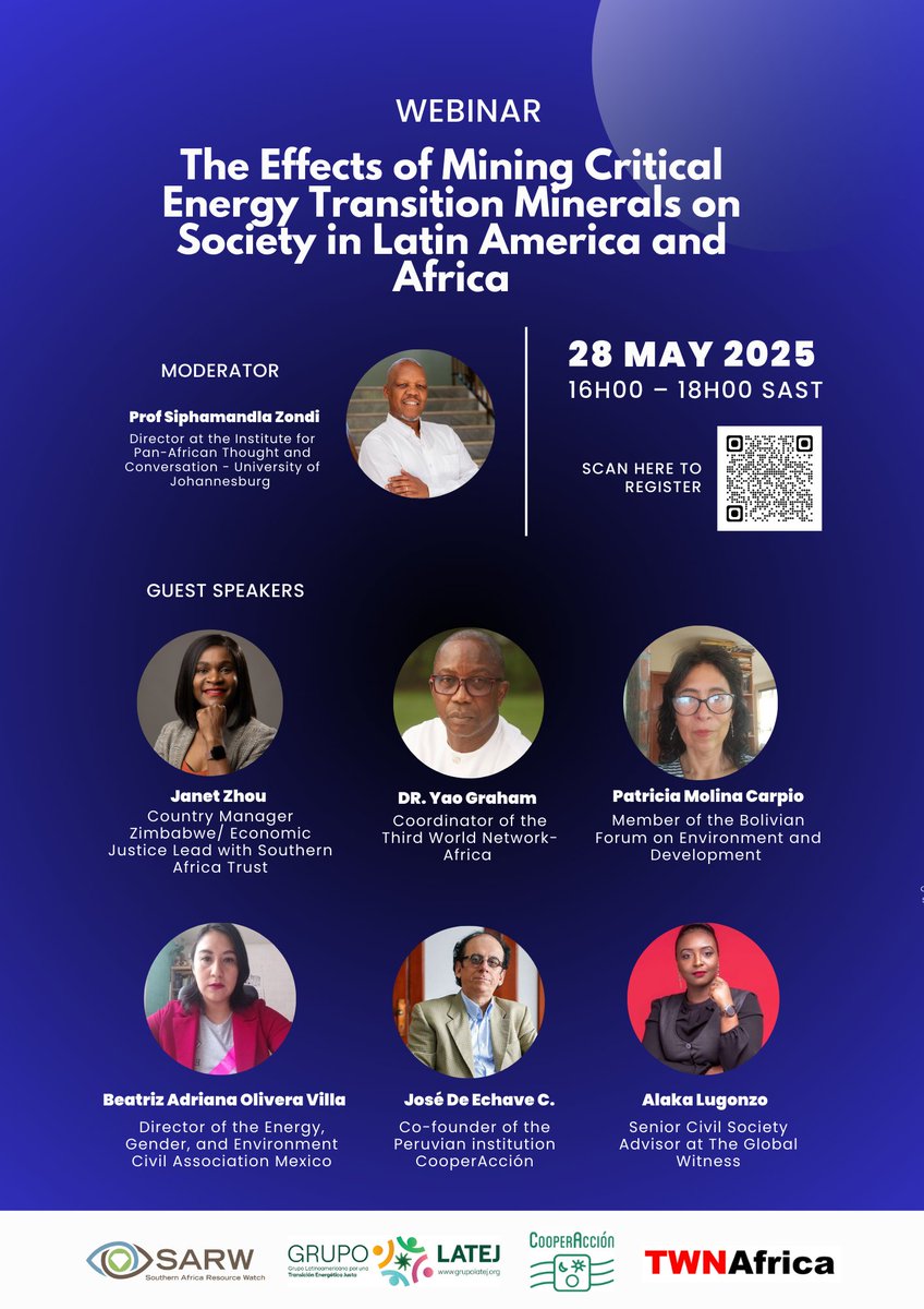 🌍 Meet our speakers!

On 28 May, leading voices from Africa &amp; Latin America reflect on the social &amp; environmental impacts of mining energy transition minerals.

🕓 16:00–18:00 SAST / 09:00–11:00 Lima
🌐 EN–ES interpretation
🔗 Register: us02web.zoom.us/meeting/regist…

#JustTransition