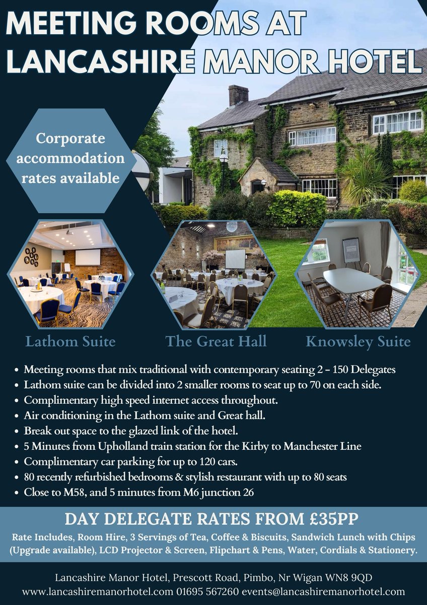 Lancashire Manor (@lancashiremanor) on Twitter photo Conference delegate rates available from £35pp. for meetings booked for May or June.
Call for further information on 01695 567260 or email events@lancashiremanorhotel.com Conference delegate rates available from £35pp. for meetings booked for May or June.
Call for further information on 01695 567260 or email events@lancashiremanorhotel.com