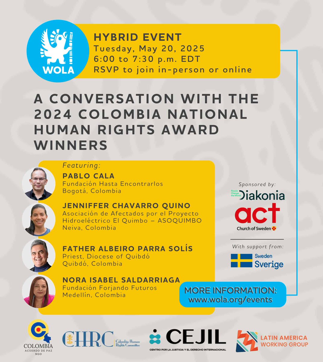 Fundación Forjando Futuros (@forjandofuturos) on Twitter photo 📢 Hoy de 5:00 a 6:30 p.m. (hora Colombia), nuestra directora, Nora Saldarriaga, participará en el conversatorio de <a href="/WOLA_org/">WOLA</a> con los ganadores del <a href="/PremioNalDDHH/">Premio Nacional de Derechos Humanos Colombia</a> 2024. <a href="/Asoquimbo/">Asoquimbo</a> <a href="/DesaparecidosHE/">Hasta Encontrarlos!</a> <a href="/Pablo_Cala/">Pablo Cala</a> <a href="/PadreAlbeiroP/">padre Jesus Albeiro Parra</a>
Seguimos alzando la voz por los #DDHH y la justicia 📢 Hoy de 5:00 a 6:30 p.m. (hora Colombia), nuestra directora, Nora Saldarriaga, participará en el conversatorio de <a href="/WOLA_org/">WOLA</a> con los ganadores del <a href="/PremioNalDDHH/">Premio Nacional de Derechos Humanos Colombia</a> 2024. <a href="/Asoquimbo/">Asoquimbo</a> <a href="/DesaparecidosHE/">Hasta Encontrarlos!</a> <a href="/Pablo_Cala/">Pablo Cala</a> <a href="/PadreAlbeiroP/">padre Jesus Albeiro Parra</a>
Seguimos alzando la voz por los #DDHH y la justicia