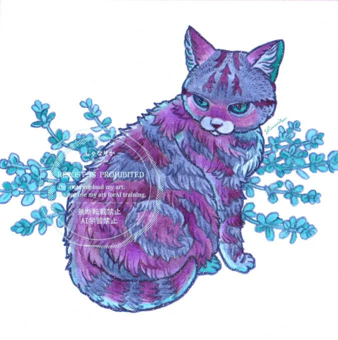 インクをランダムで取って描いていたので、取った瞬間は何描こうかしばらく悩んだけど、うちのネコにモデルになってもらいました 使用したインクは文具館タキザワさんの 【糸魚川翡翠】【星降る日本海】【護摩堂山あじさい園‐夕映え‐】