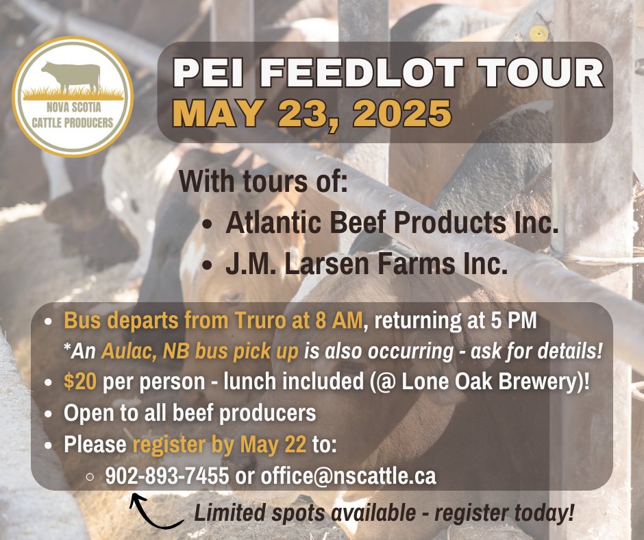 Nova Scotia Cattle Producers (@nscattle) on Twitter photo The current weather shows rain for Friday 🌧️ - providing a great opportunity for you to attend the PEI Feedlot Tour 😃
Register before Thursday with Ashley at (902) 893-7455 or office@nscattle.ca. The current weather shows rain for Friday 🌧️ - providing a great opportunity for you to attend the PEI Feedlot Tour 😃
Register before Thursday with Ashley at (902) 893-7455 or office@nscattle.ca.