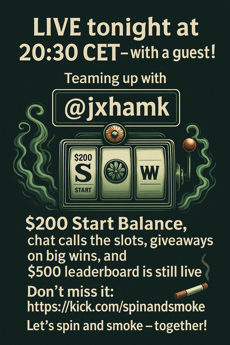 JxSmok33's tweet photo. ๐ฐ Going LIVE at 20:30 CET with @jxhamk!
Bonus Hunt | $200 Start | Big Wins = Giveaways ๐ธ
Leaderboard grind continues
๐ด https://t.co/hwBdGCzPe4
#kickstreamer #casino #bonusbuy #giveaway #spinandsmoke #live https://t.co/rpLUBdFTG4