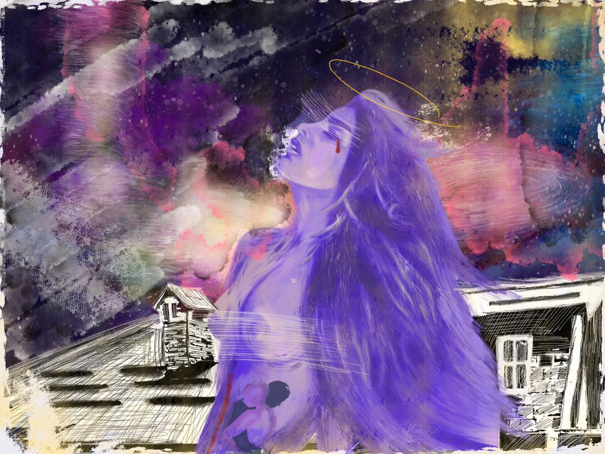 “Home visit ” 1/1. We, the artists who over-feel, put a brush on canvas like gun on a head. And it’s worth it. 
Acrylic pastels + canvas + digital sketching. 
#NFTartist 
#CardanoGirls