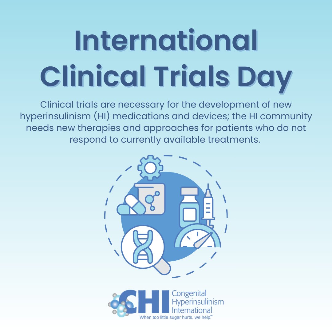 Today is International Clinical Trials Day! Clinical trials are necessary for the development of new HI medications and devices. There are two biotechs, Hanmi and Rezolute, currently running clinical trials for HI therapies. More info at congenitalhi.org/clinical-resea…