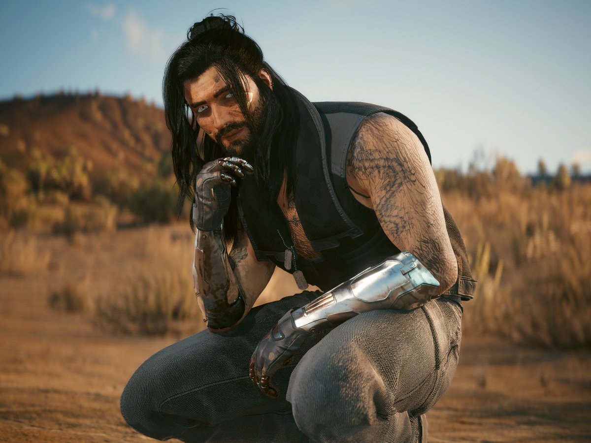 yourlocalmerc's tweet photo. Yesterday I did a design for Vic if he was a nomad and ngl the long hair is growing on me
——
#Cyberpunk2077PhotoMode #Cyberpunk2077 https://t.co/RM9MmVa89f