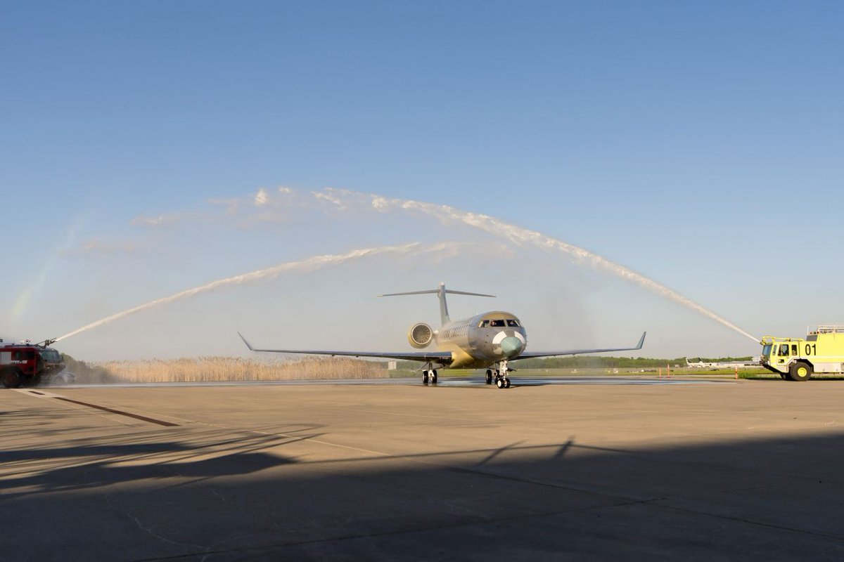 Bombardier's tweet photo. The world’s fastest business jet—our Bombardier #Global8000—has officially completed the inaugural flight of its first production aircraft, flawlessly soaring from @TorontoPearson before landing at @FlyYKF.  
 
The aircraft will soon head to our Laurent Beaudoin Completion Centre (LBCC) in Dorval for interior completion, on its journey to enter into service in 2025. 
 
More details: https://t.co/VbIHuqnqAE
 
#Bombardier #CatchTheMach #FlyYKF #FirstFlight
