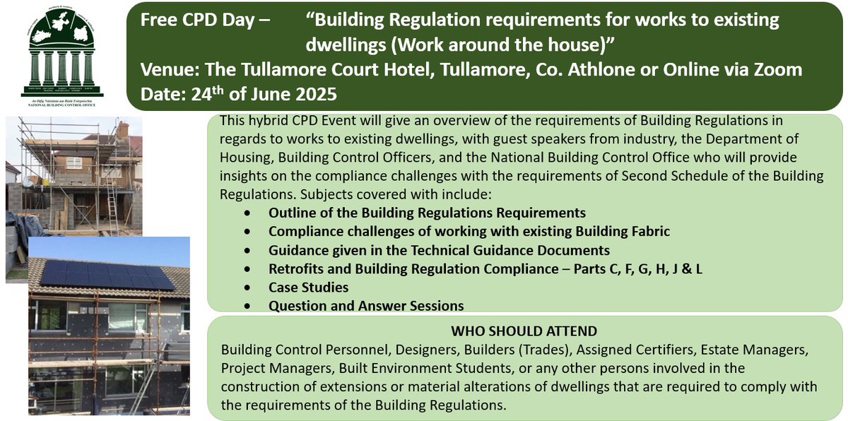 NBCOIreland's tweet image. Free CPD Day "Building Regulation requirements for to existing dwellings (Work around the House)"
In-Person Tickets: eventbrite.ie/e/136391432746…
OnLine Tickets: eventbrite.ie/e/136401965249…
@NBCOIreland @CCMALocalGov @LGMAIreland @DeptHousingIRL